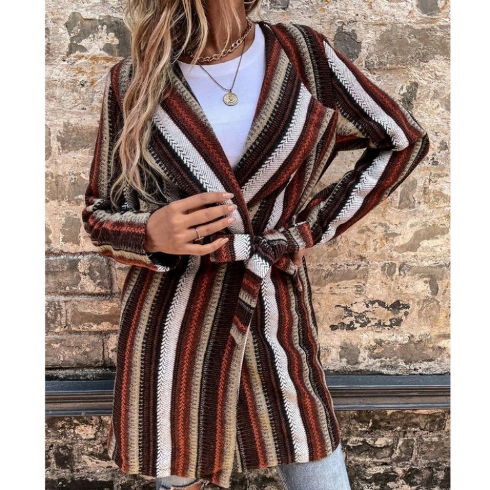 Tweed Striped Waterfall Front Belted Coat Brown - Picture 3 of 12